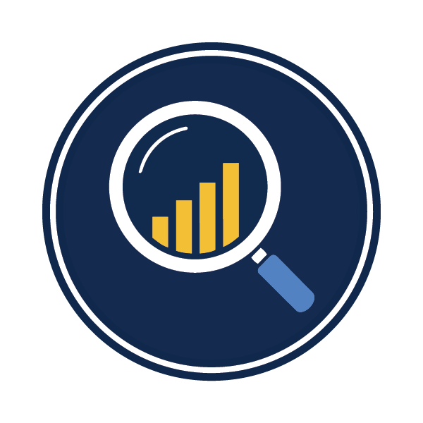 Magnifying glass analyzing data and statistics