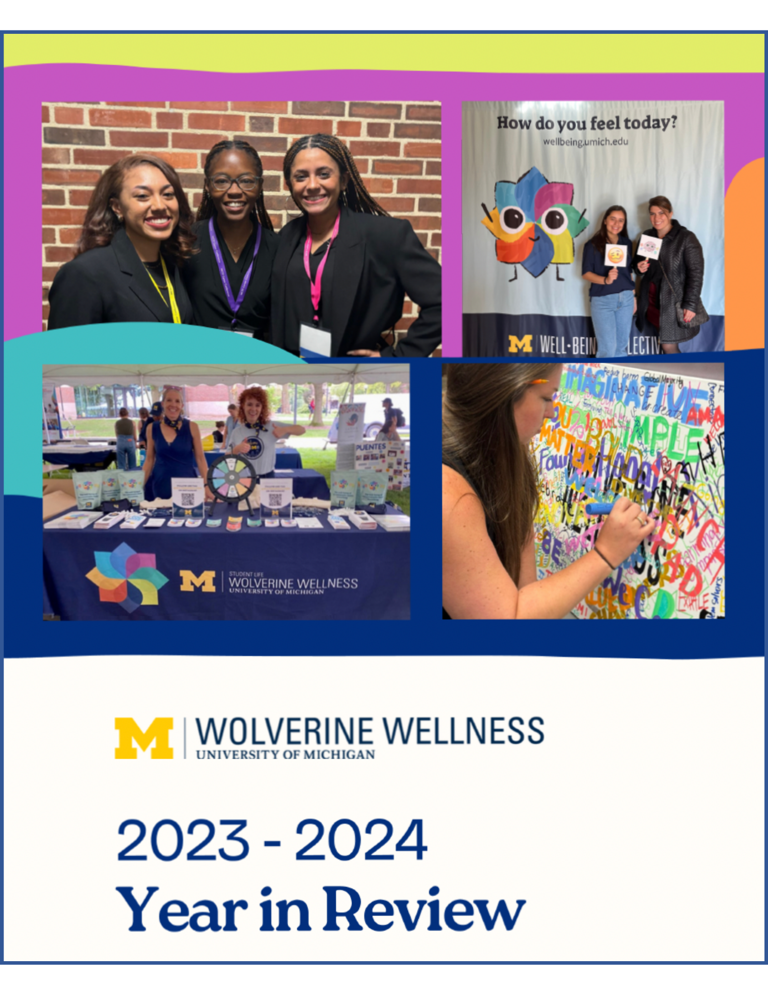 cover page of annual report with bright colors and multiple photos of staff working throughout the year