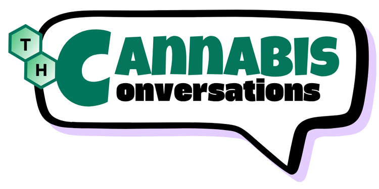 Cannabis Conversations logo with a molecular structure and speech bubble design