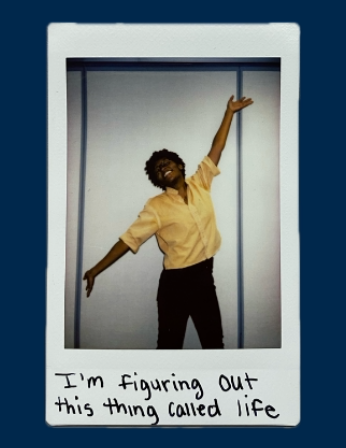 polaroid of black woman smiling and spreading arms wide